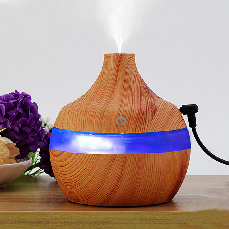 USB 300ml Humidifier Purifier Wood Grain LED Essential Oil Diffuser
