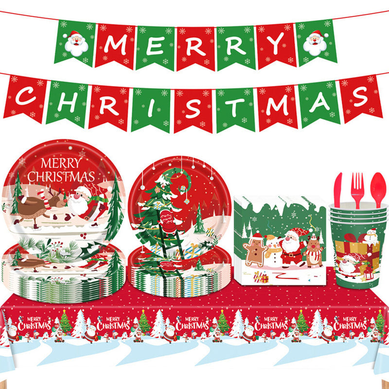 9pcs/set Xmas Party Tableware Waterproof Xmas Paper Cups Plates Festive Supplies
