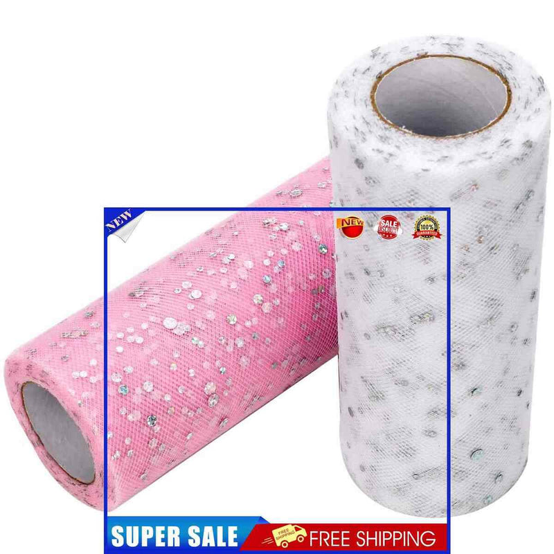 Glitter Tulle Rolls - 2 Rolls Sparkling Sequins Tulle Spool (White + Pink)