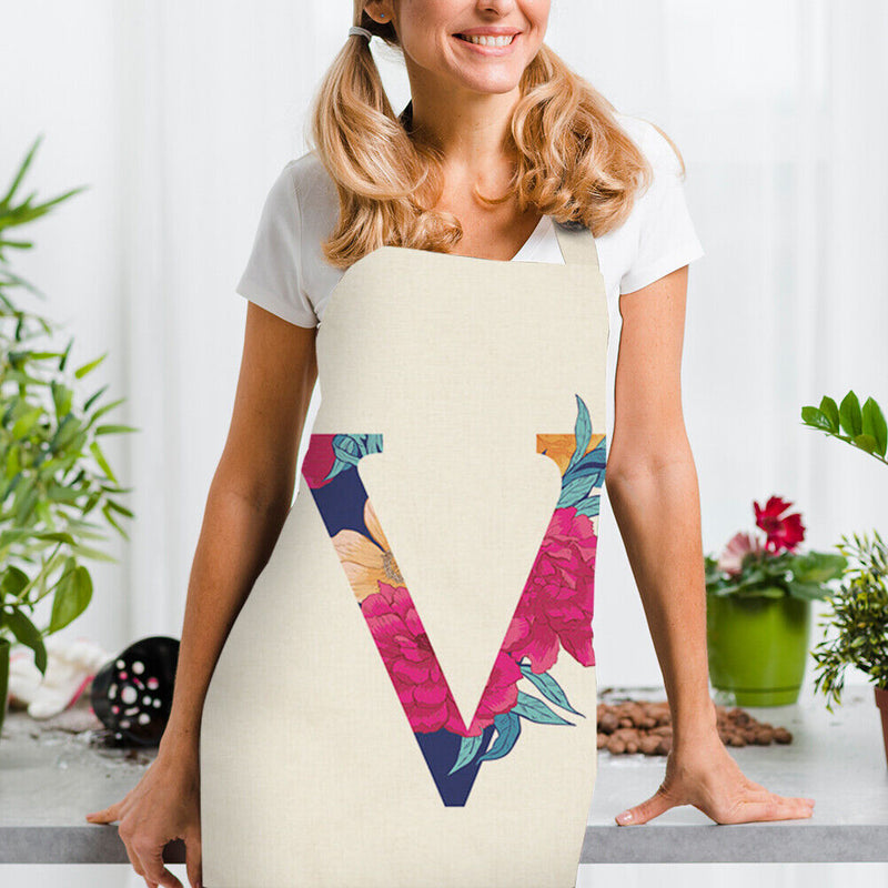 Flower V Printed Linen Apron Waterproof Kitchen Cooking Bibs (82X68CM)
