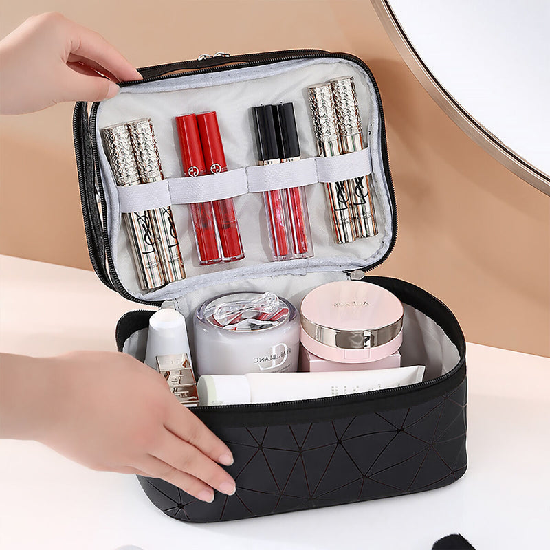 Double Layer Travel Makeup Bag Waterproof Leather Large Cosmetic Case Organiz