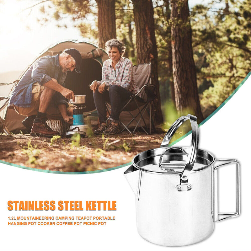1.2L Stainless Steel Teapot Outdoor Camping Hiking Cooking Kettle with Lid Newly