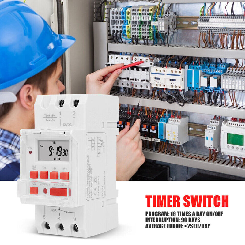 TM919B-4 30A Din Rail Weekly Programmable Digital Timer Relay Switch (12V) Newly