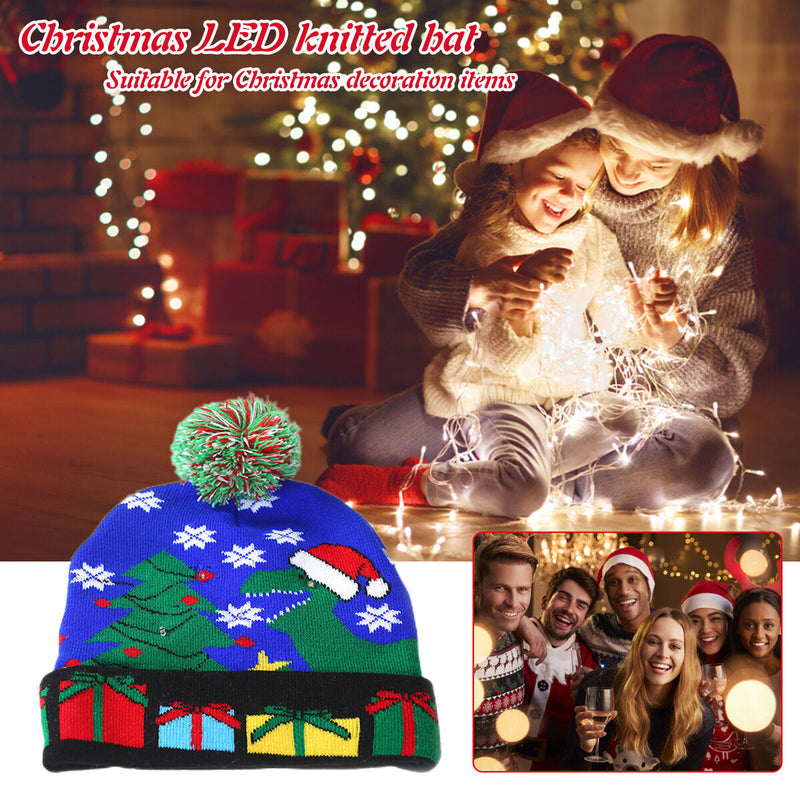 #A Knitted Christmas Hat with LED Lights Sweater Beanies Caps Festive Gift for K