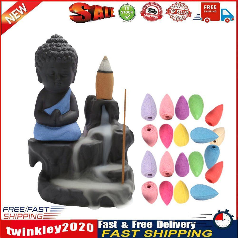 20pcs Incense Cones 1pcs Burner Buddha Waterfall Backflow Stove (Blue) Newly
