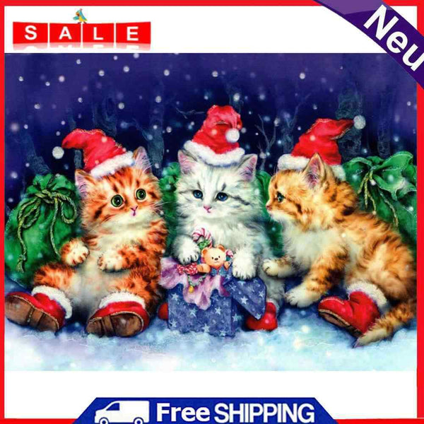 Handmade Christmas Cat 5D DIY Full Round Drill Drawing Kit Diamond Painting Gift