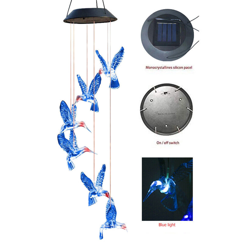 Solar LED Color Changing Wind Chime Lamps Hummingbird Pendant Lights (A) Newly