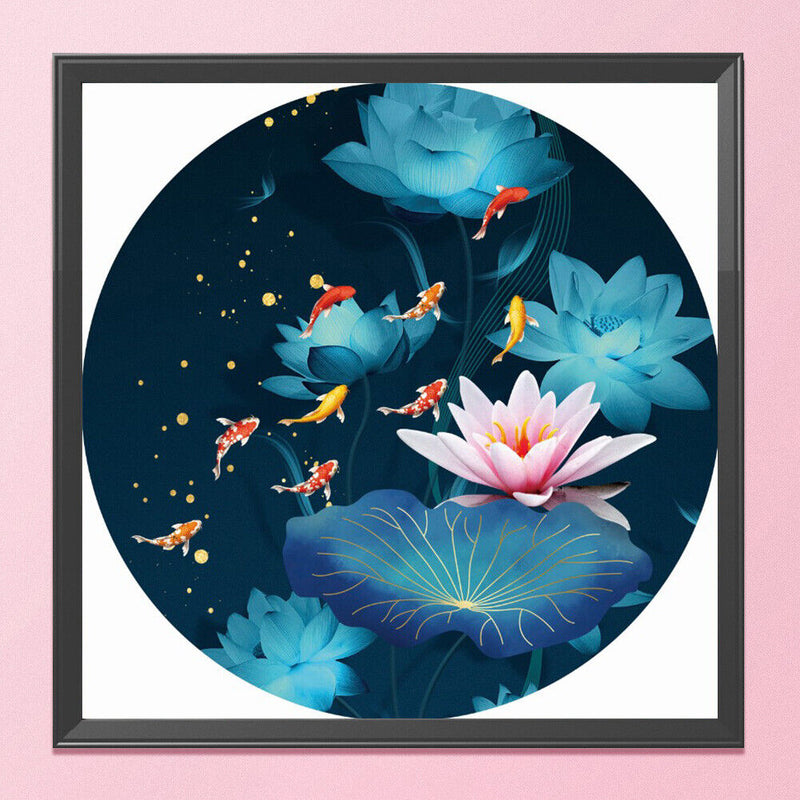 11CT Partial Stamped Embroidery Kit Round Lotus Fish Cross Stitch Needlework DIY