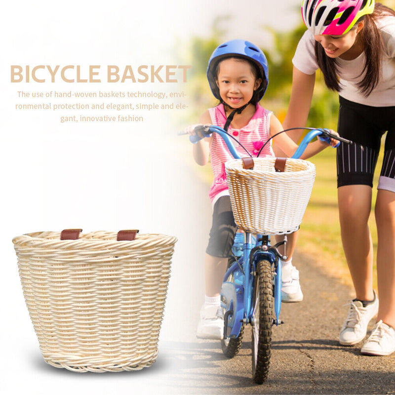 Kids Bike Basket Women Students Bicycle Rattan Weaving Front Basket (Beige)
