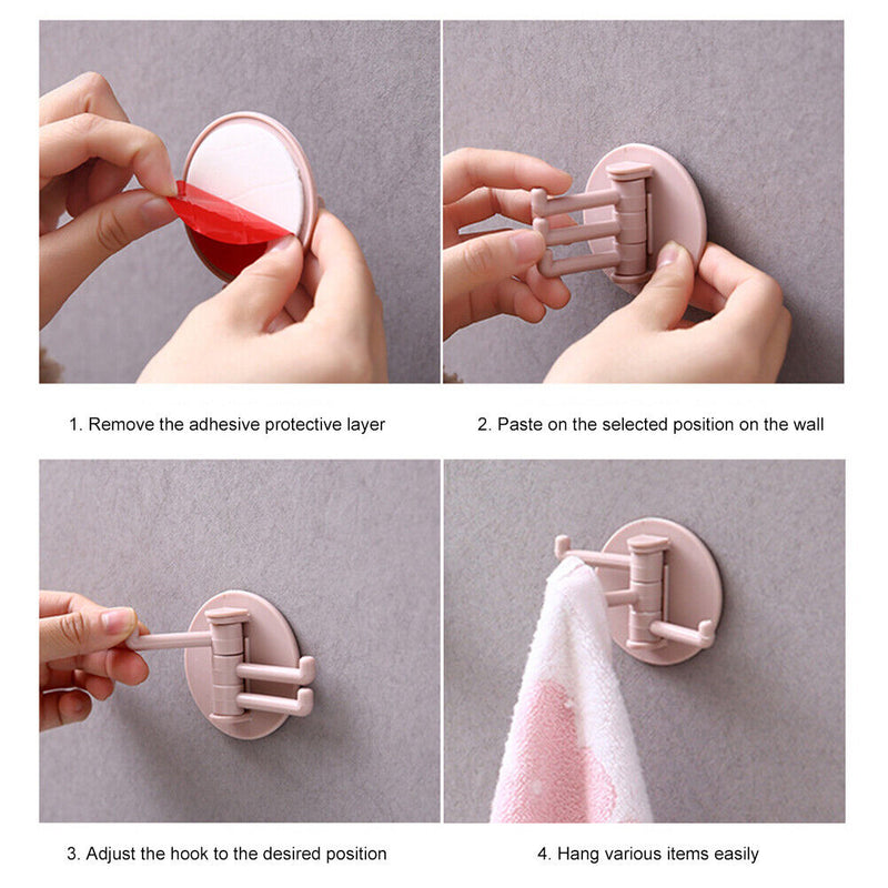 Bathroom Wall Hanging Rotatable 3 Hooks Adhesive Bracket Holder (Pink) Newly