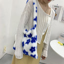 Fashion Women Flower Print Plush Shoulder Bag Winter Large Handbags (Blue)