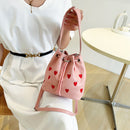 #A Shoulder Bag Leather Crossbody Bags Love Heart Embroidered Handbag Bucket Tra