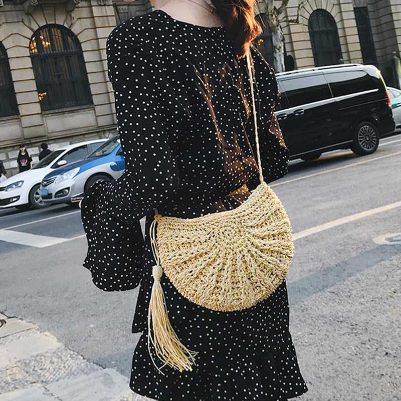 Tassels Beach Messenger Handbag Women Girl Crochet Straw Shoulder Bag/Beige