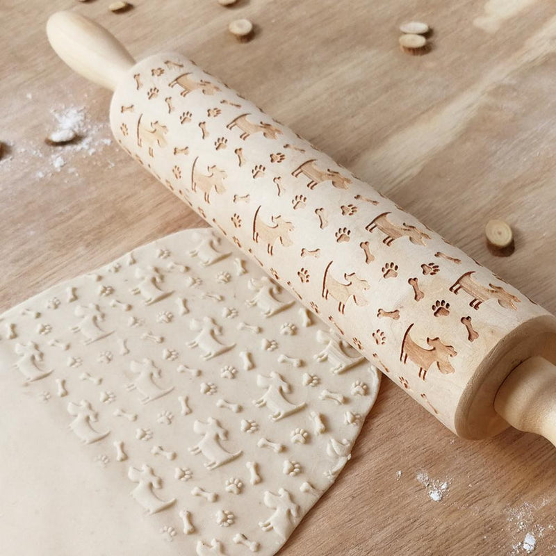 Dog Bone Engraved Embossing Wood Rolling Pin for DIY Baking Cookies Noodle