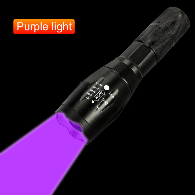 150LM XPE + UV Mini Zoomable Flashlight White + Purple Light 395nm Background