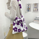 Women Plush Flower Pattern Handbag Lady Warm Large Shoulder Bag (Purple)
