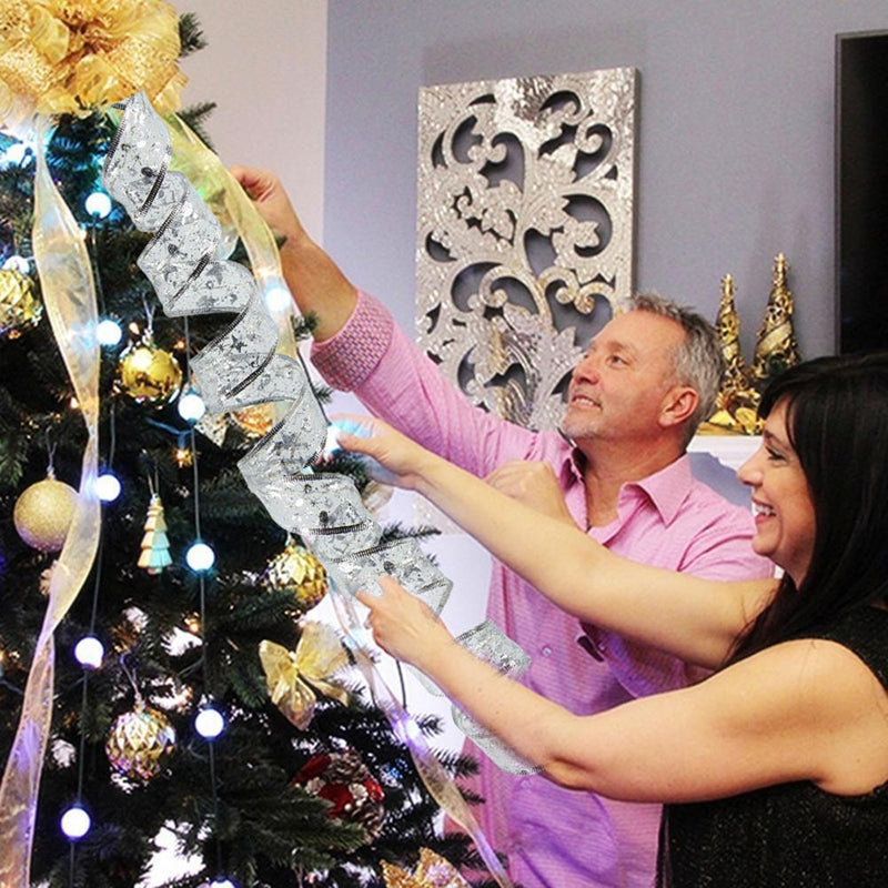 2 x chains of lights, Christmas ribbon, bow, tree, holiday decoration (white, 5