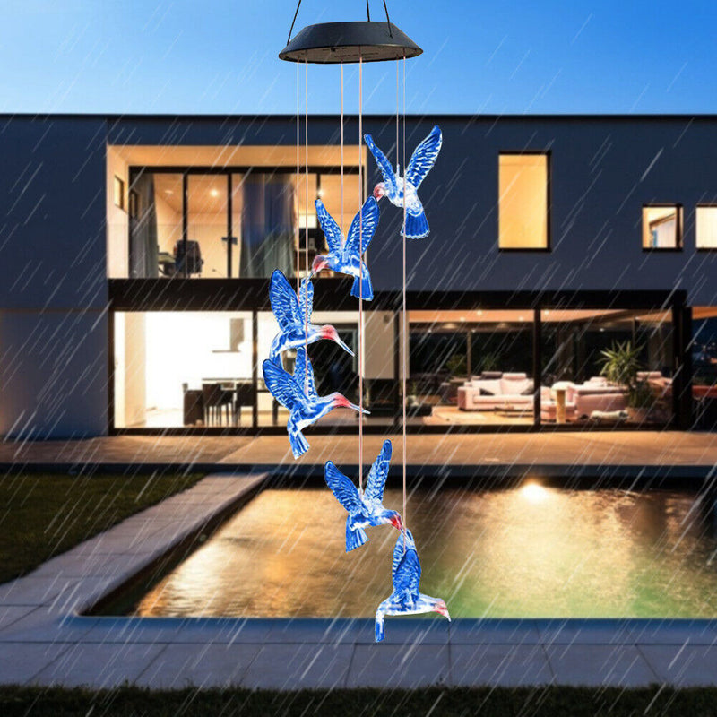 Solar LED Color Changing Wind Chime Lamps Hummingbird Pendant Lights (A) Newly