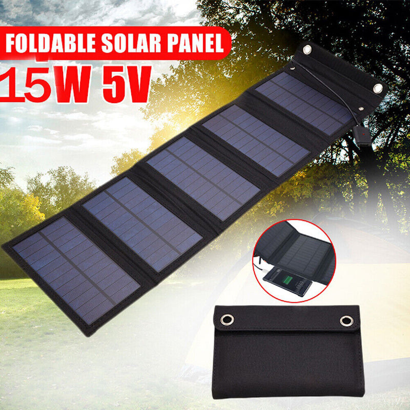 Waterproof 15W Foldable USB Solar Panel Outdoor Battery Charger (Black)