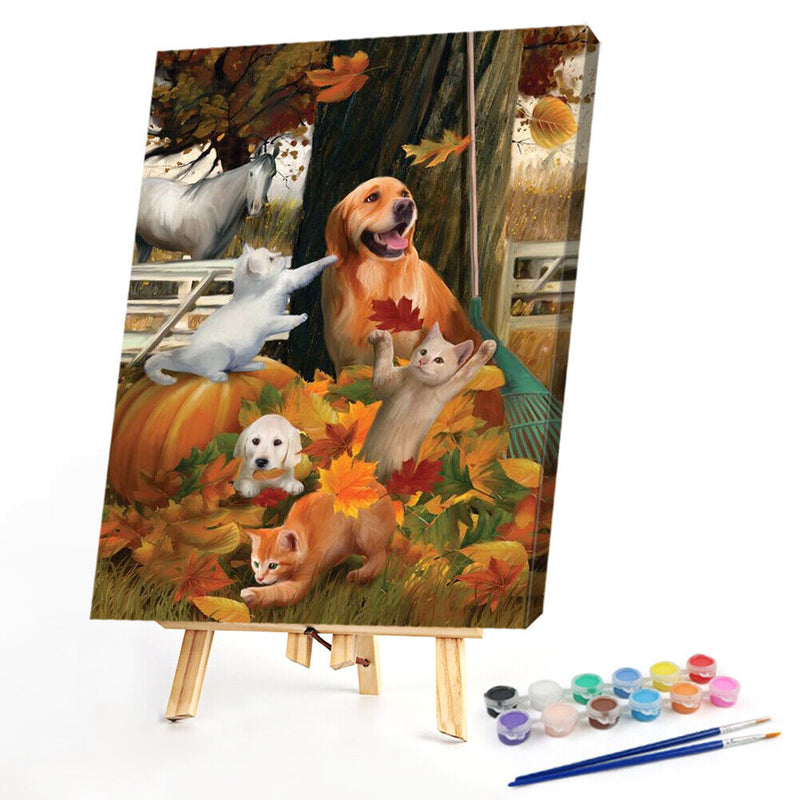 #A Cat Dog in Autumn Oil Paint By Numbers Kit Frameless Drawing Picture Art Deco