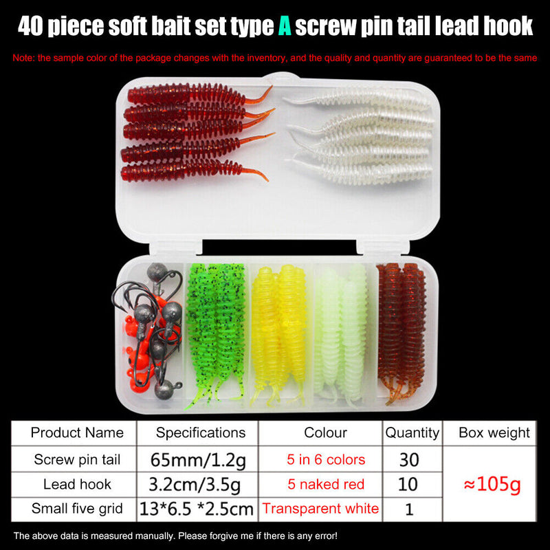 40pcs Soft Fishing Lure Kit Jig Head Hook Bait with Tackle Box (Style A)