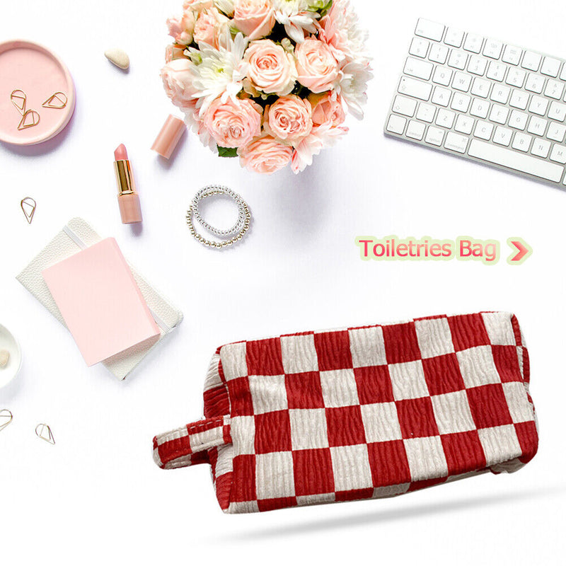Print Toiletries Bag Women Makeup Pouch Mini Handbag (Large Red White Grid)