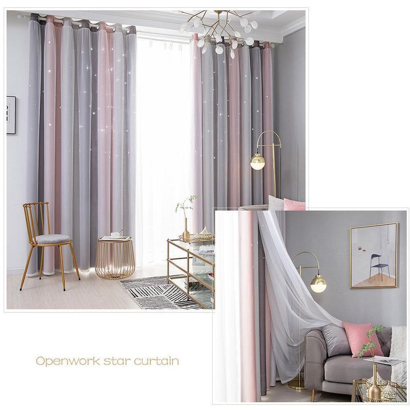 Gradient Hollow Star Curtain Bedroom Full Blackout Window Drapes (Grey)