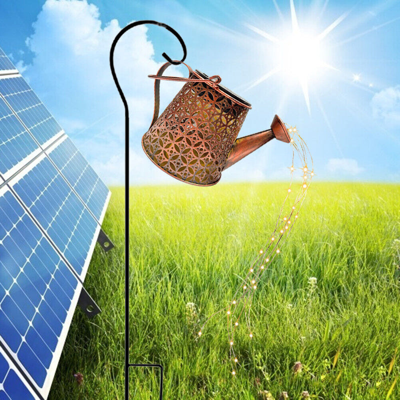 LED Solar Watering Can Lamp Garden Art Metal Iron Kettle Light (A Hook Up) Newly