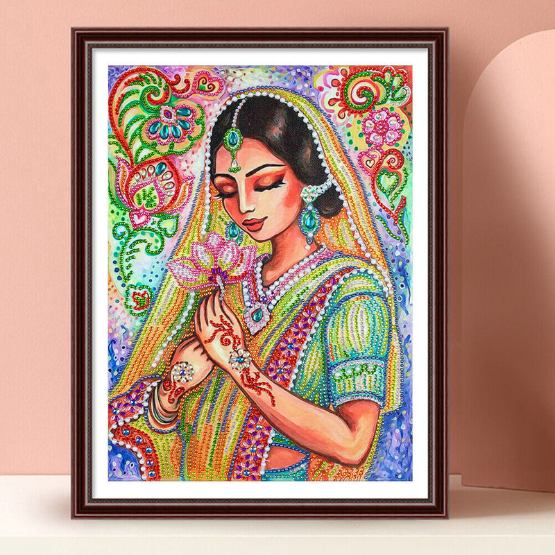 Partial Special Diamond Painting Kit Girl Holding Lotus Rhinestone Picture
