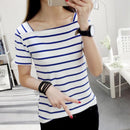 Stripe Print T-shirts Women Summer Square Collar Patchwork Short Sleeve Tops