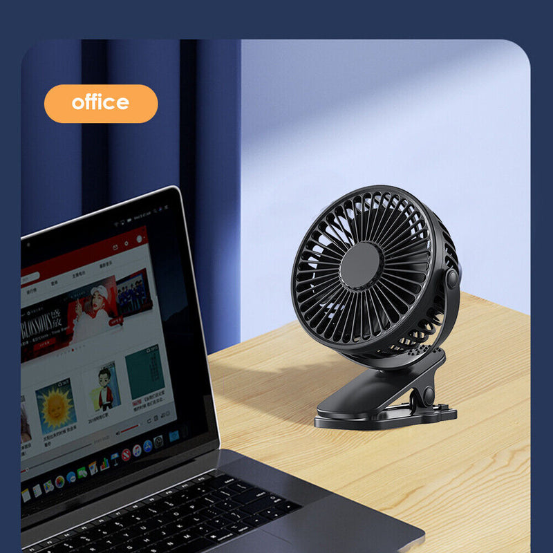 USB Mini Clip Fan Portable Travel Desk Cooling Ventilador (Black 1200mAh)