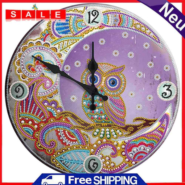 30 x 30cm Metal Tin Diamond Painting Clock DIY Owl Rhinestone Picture Wall Decor