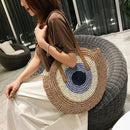Ladies Rattan Color Splicing Handmade Messenger Shoulder Bag Straw Woven Handbag