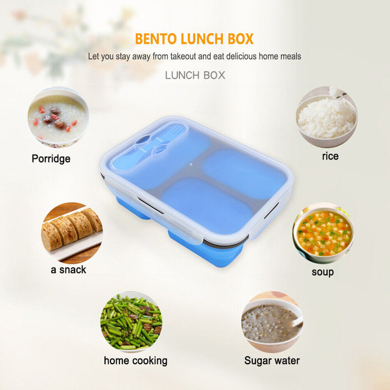 1350ml Silicone Rectangle Lunch Box Collapsible Bento Folding Bowl (Blue) Newly