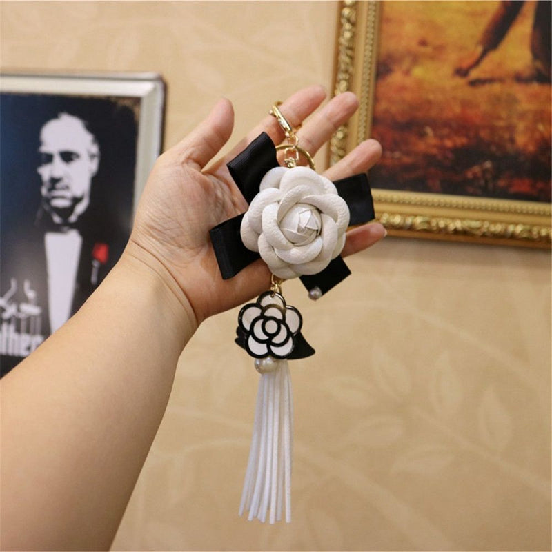Decoration PU Camellia Bag Pendant Car Key Ring Tassel Keychain For Women|Girls