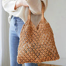 Beach Straw Shoulder Bag Womens Woven Summer Vacation Cotton Hollow Fishnet Tote