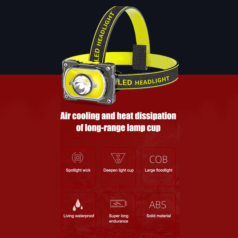 Portable COB LED Headlamp 4 Gears 600lm Outdoor Waterproof Warning Flashlight