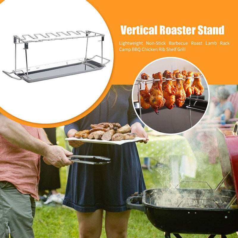 Folding Chicken Wing Leg Rack+Tray Stainless Steel Grill Roaster Stand BBQ