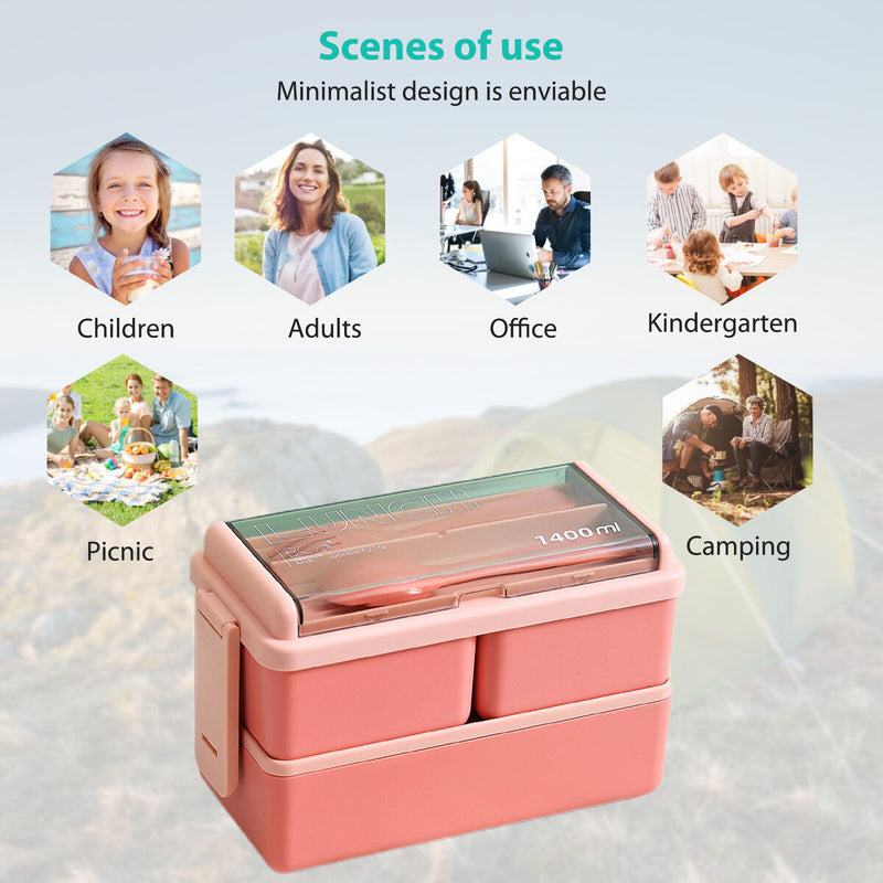 1400ML Bento Box Plastic Double Layer Microwave Bento Boxes Portable for Outdoor