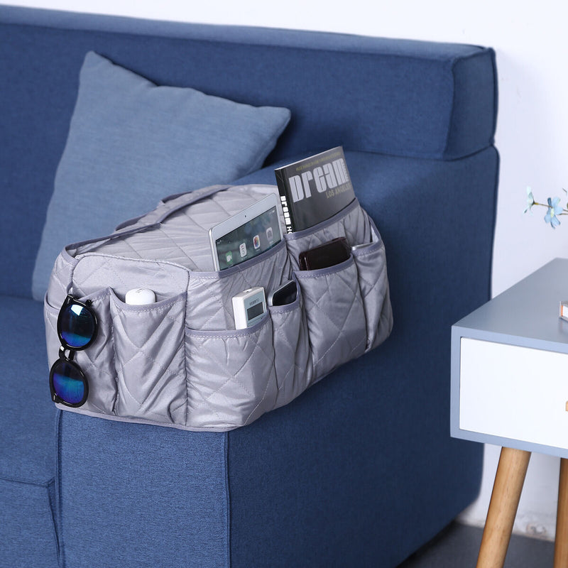 Armchair Caddy Non Slip Sofa Armrest Organizer with 14 Pockets (Grey)