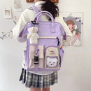 Preppy Style Contrast Color Large Backpack Women Travel Knapsack with Bear Badge