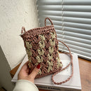Women Hand-woven Straw Messenger Bag Bucket Small Crossbody Bag (Pink)