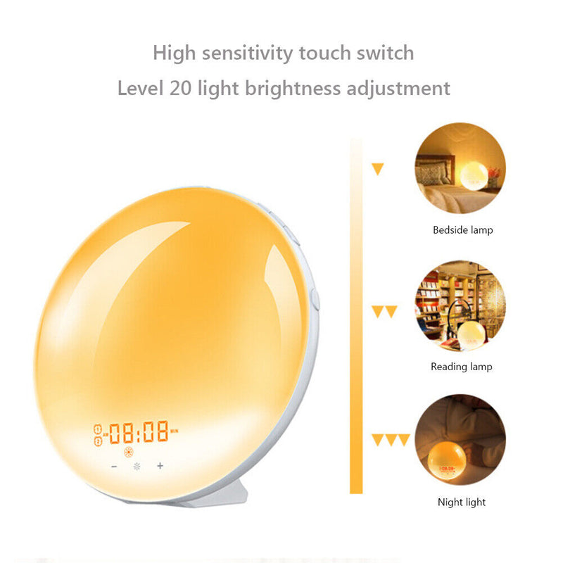 Smart Wake Up Light Digital Alarm Clock 7 Colors Sunrise Sunset LED Lamp