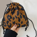 Women Mini Corduroy Crossbody Bag Shoulder Drawstring Phone Purse (Leopard)