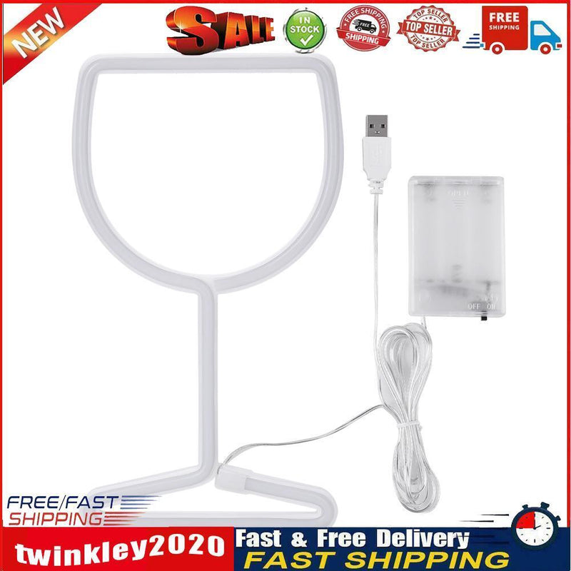 LED Neon Light Wine Glass Night Light USB Christmas Kids Room Decor (Blue) Newly