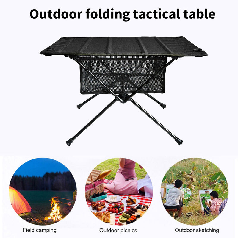 Outdoor Folding Table Net Pocket Coated Oxford Cloth Desk (Elegant Black) Newly