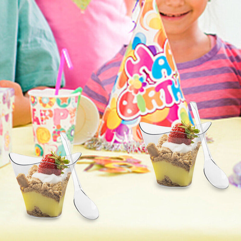 50pcs Clear Cup Kitchen Decor Cake Cup with Spoon Set for Tasting Pudding Yogurt