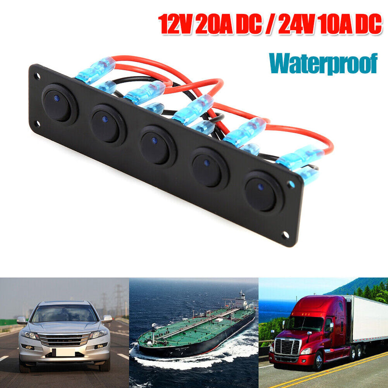 Waterproof 5 Gang Blue LED Rocker Switch Panel 12V 20A 24V 10A for Car Boat