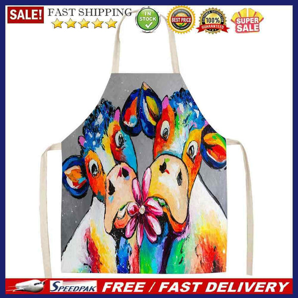 Oil Paint Cattle Print Kitchen Linen Apron Waterproof Bibs Pinafore for Women