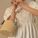 Women Beach Bag Straw Woven Plaid Bowknot Bucket Crossbody Barrel Handbag Purse